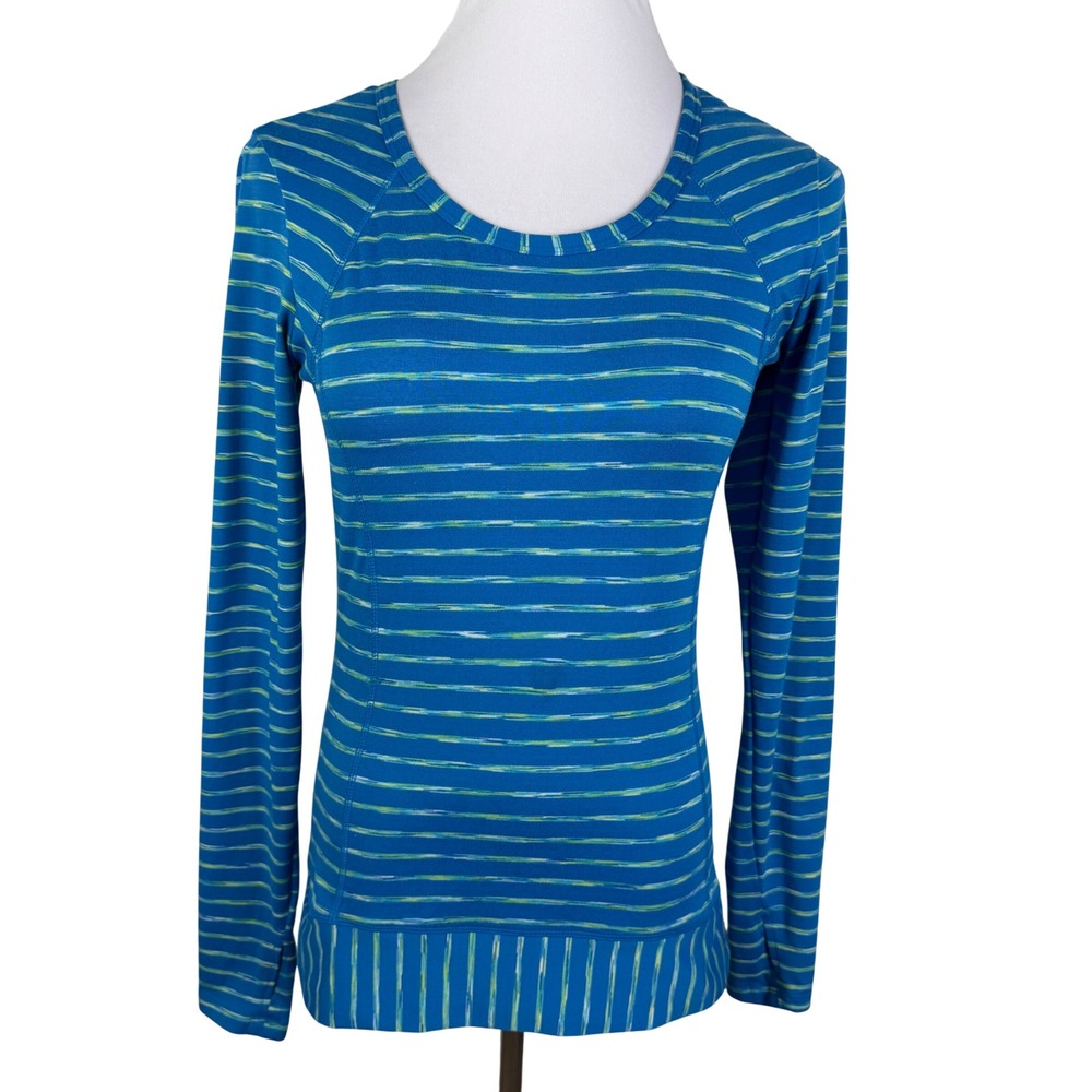 RBX Women's Small Blue Green‎ Striped Long Sleeve Activewear Top Thumbholes